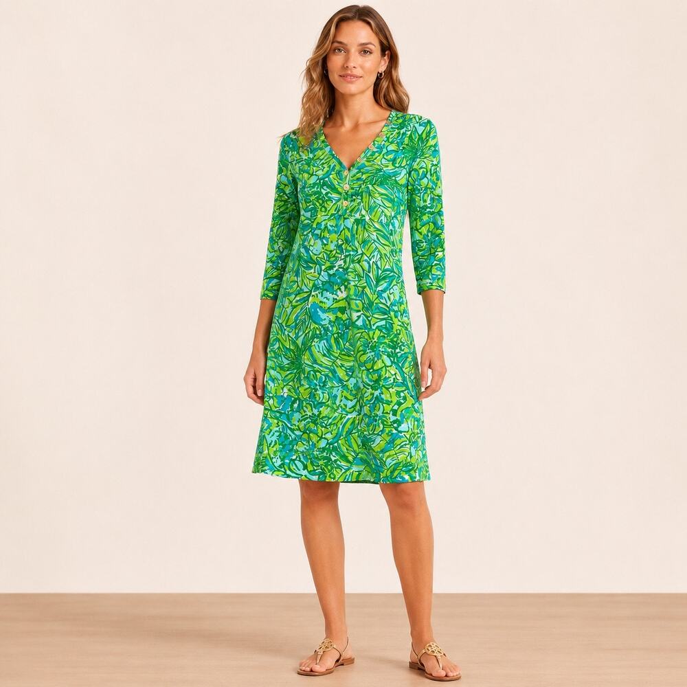 Lilly Pulitzer Dress Small Green Pink Tropical Pima Cotton Preppy Resort Coastal